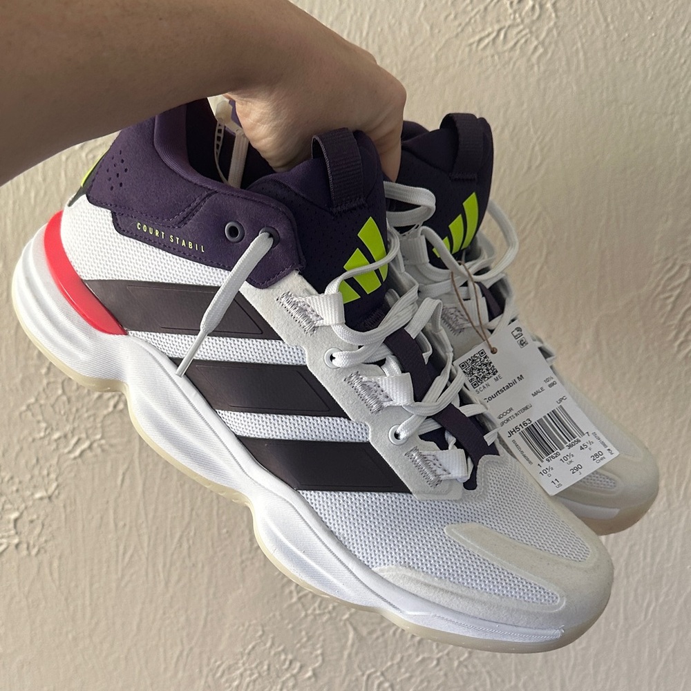 adidas White Black Purple Tennis Shoes with Neon Accents